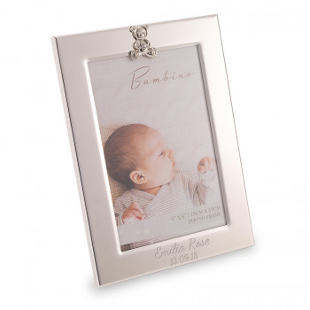 4" x 6' Silver Photo Frame With Teddy Design Birth/Christening/Baby