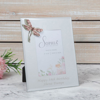 Personalised 4"x6" Pink Dragonfly Mirrored Photo Frame