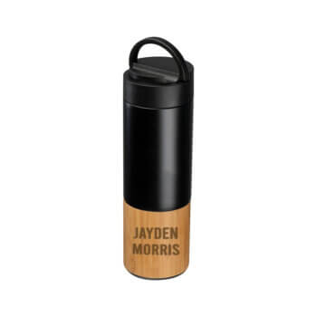 Personalised Black Vacuum Insulating Bamboo Grip Flask