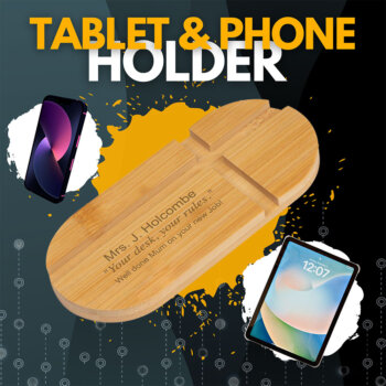 "Bamboo smartphone and tablet holder – eco stand with custom engraving"