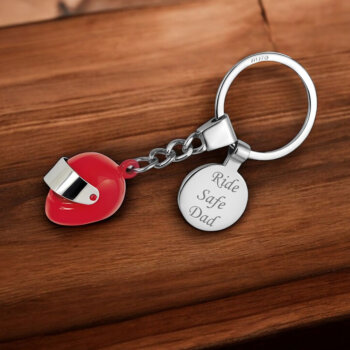 "Small red motorbike helmet keyring – glossy finish, perfect biker-themed gift"