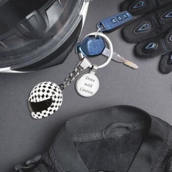"Large chequered motorbike helmet keyring – black and white racing design"