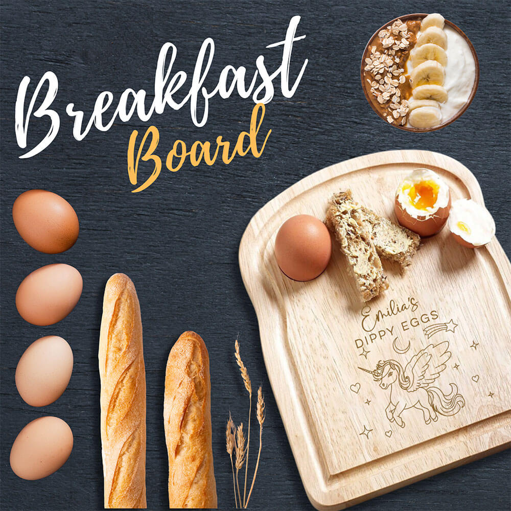 "Wooden breakfast board with engraved unicorn design – personalised kids gift"