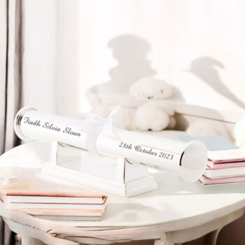 Baptism pewter finish certificate scroll & stand. Baptism pewter finish certificate scroll & stand.